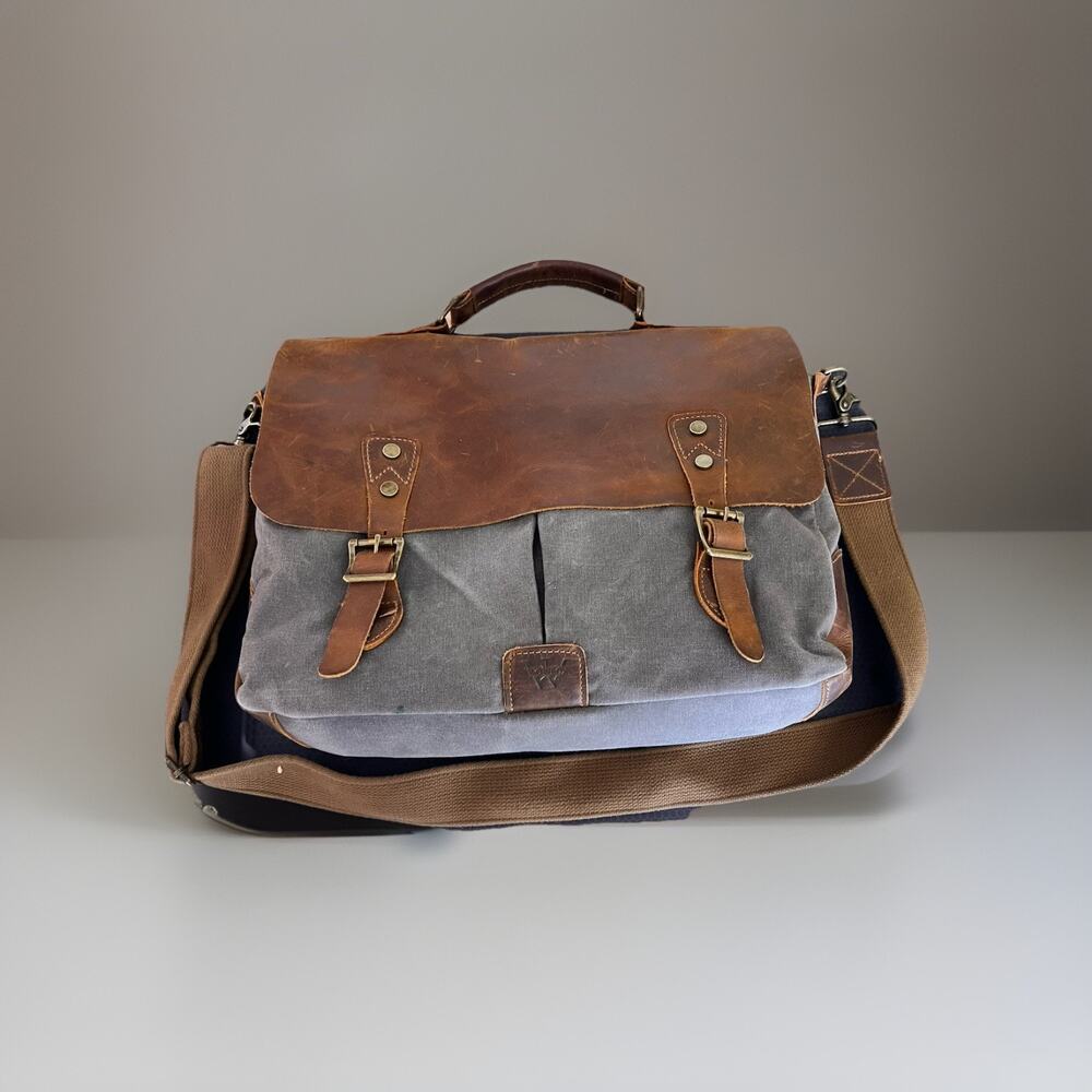 Vintage Style Leather & Canvas Wowbox Messenger Bag 6 Pocket + Organizer Sleeves